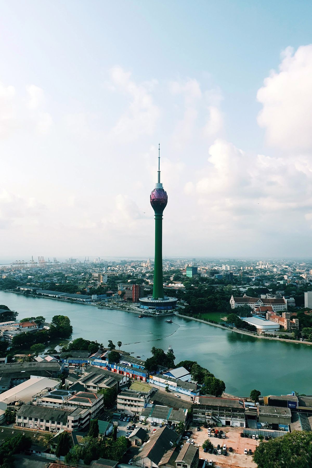 Aerial view of the Lotus Tower over Colombo and Beira Lake
